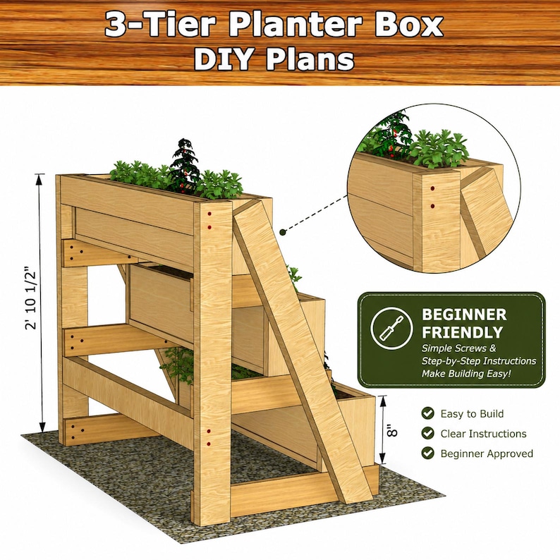 Planos para jardinera de 3 niveles en PDF / Guía de construcción de carpintería para bricolaje / Soporte para plantas de jardín vertical de varios niveles imagen 4