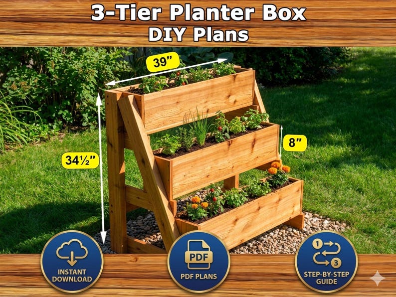 Planos para jardinera de 3 niveles en PDF / Guía de construcción de carpintería para bricolaje / Soporte para plantas de jardín vertical de varios niveles imagen 10