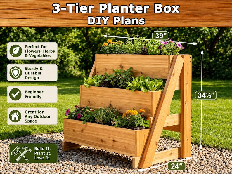 Planos para jardinera de 3 niveles en PDF / Guía de construcción de carpintería para bricolaje / Soporte para plantas de jardín vertical de varios niveles imagen 9