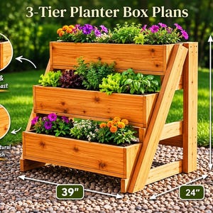 3-Tier Planter Box Plans PDF | DIY Woodworking Build Guide | Vertical Garden Tiered Plant Stand