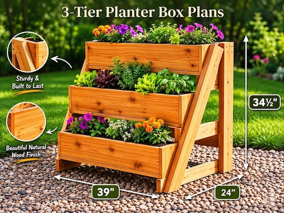 3-Tier Planter Box Plans PDF | DIY Woodworking Build Guide | Vertical Garden Tiered Plant Stand