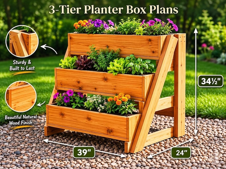 Planos para jardinera de 3 niveles en PDF / Guía de construcción de carpintería para bricolaje / Soporte para plantas de jardín vertical de varios niveles imagen 1