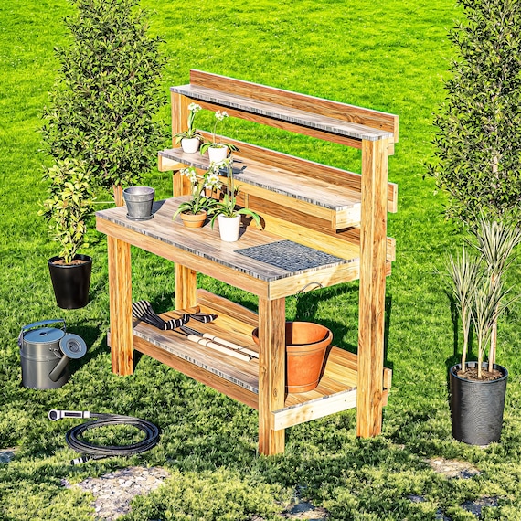 ガーデン　DIY ディスプレイ　テーブル DIY植え替え作業台の設計図：木製ガーデンテーブルワークステーション