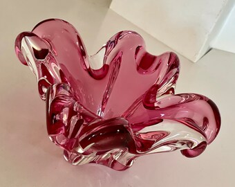 Gorgeous Chalet Cranberry Glass Bowl Candy Dish Signed Canadian Art Glass Montreal