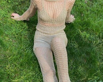 handmade, knitting, overalls, costume, green, crochet work