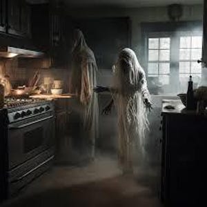 Puede incluir: Una escena de cocina espeluznante con dos figuras fantasmales con túnicas blancas. La cocina tiene gabinetes oscuros, una estufa y una ventana con luz solar. El ambiente general es misterioso.