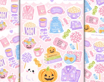 May include: A sticker sheet featuring various Halloween-themed illustrations in pastel colours, including a ghost, a jack-o'-lantern, a stack of books labelled Haunted Tales, Ghost Stories, and Sleepy Spells, a popcorn bowl, and a blue treat bag.