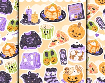 May include: A sticker sheet featuring Halloween-themed illustrations including a stack of pancakes with a ghost, a purple candle set, a pizza slice, a popcorn bucket, a jack-o'-lantern, a jumper labelled Spooky Sleepover Club, slippers, and a remote.
