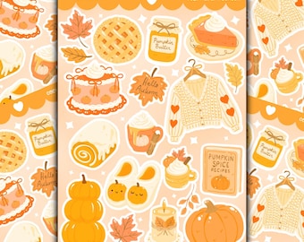 May include: A sticker sheet featuring autumn-themed illustrations including a pumpkin pie, a jar of pumpkin butter, a cake, a cardigan with heart patterns, a pumpkin spice recipe book, a candle, pumpkins, leaves, and mugs with whipped cream.