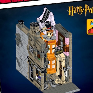 May include: A Lego model of the shop "Ollivanders Wand Shop" from the Harry Potter series. The shop is made of brown and gray bricks and has a sign that says "Ollivanders Wand Shop". There is a figure of a wizard inside the shop.