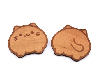 Cherry Wood Cat Coaster Set: USA Made, Natural Finish