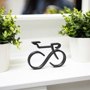 Puede incluir: Una escultura de bicicleta negra mate con un dise&ntilde;o estilizado &uacute;nico. La escultura est&aacute; colocada sobre una superficie blanca, flanqueada por dos peque&ntilde;as plantas verdes en macetas. El cuadro de la bicicleta tiene una forma fluida distintiva.