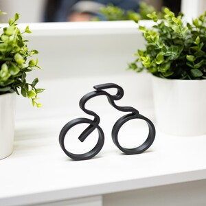 Puede incluir: Un objeto decorativo negro con forma de bicicleta. La bicicleta tiene dos ruedas circulares y un cuadro curvo. El objeto se exhibe sobre una superficie blanca, con plantas verdes en macetas blancas a ambos lados.