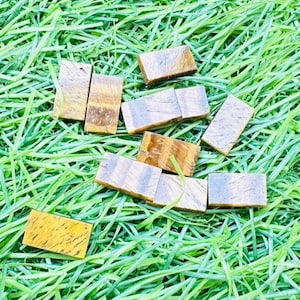 May include: Rectangular tiger's eye stones scattered on green grass. The stones display a mix of golden brown and greyish-brown hues, with visible natural patterns. The arrangement suggests a natural, earthy aesthetic, suitable for jewelry or decorative purposes.