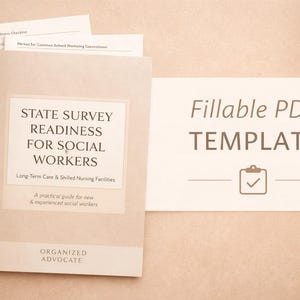 以下が含まれることがあります： 「State Survey Readiness for Social Workers」というタイトルのベージュ色の本で、副題は「Long-Term Care & Skilled Nursing Facilities」です。その横にはチェックリストと「Fillable PDF Template」のサインがあります。