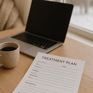 May include: A laptop, a cup of coffee, and a printed "TREATMENT PLAN" document are on a light-colored wooden desk. The document has lines for client information, diagnosis, objectives, and interventions. A window is in the background.