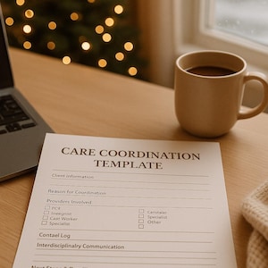 May include: A beige mug filled with coffee sits on a wooden desk next to a document titled "CARE COORDINATION TEMPLATE." A laptop and a Christmas tree with bokeh lights are in the background.