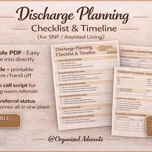Könnte beinhalten: Beiger digitaler Download mit dem Titel "Entlassungsplanung Checkliste & Zeitplan" für SNF/Betreutes Wohnen. Enthält ausfüllbares PDF, Intake-Call-Skript und Überweisungsverfolgung. 3 Seiten.