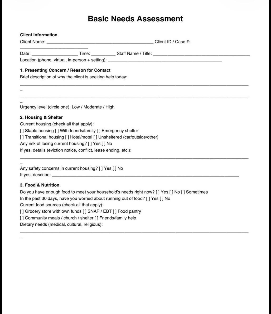 Basic Needs Assessment Form | Client Intake Social Work Case Management ...