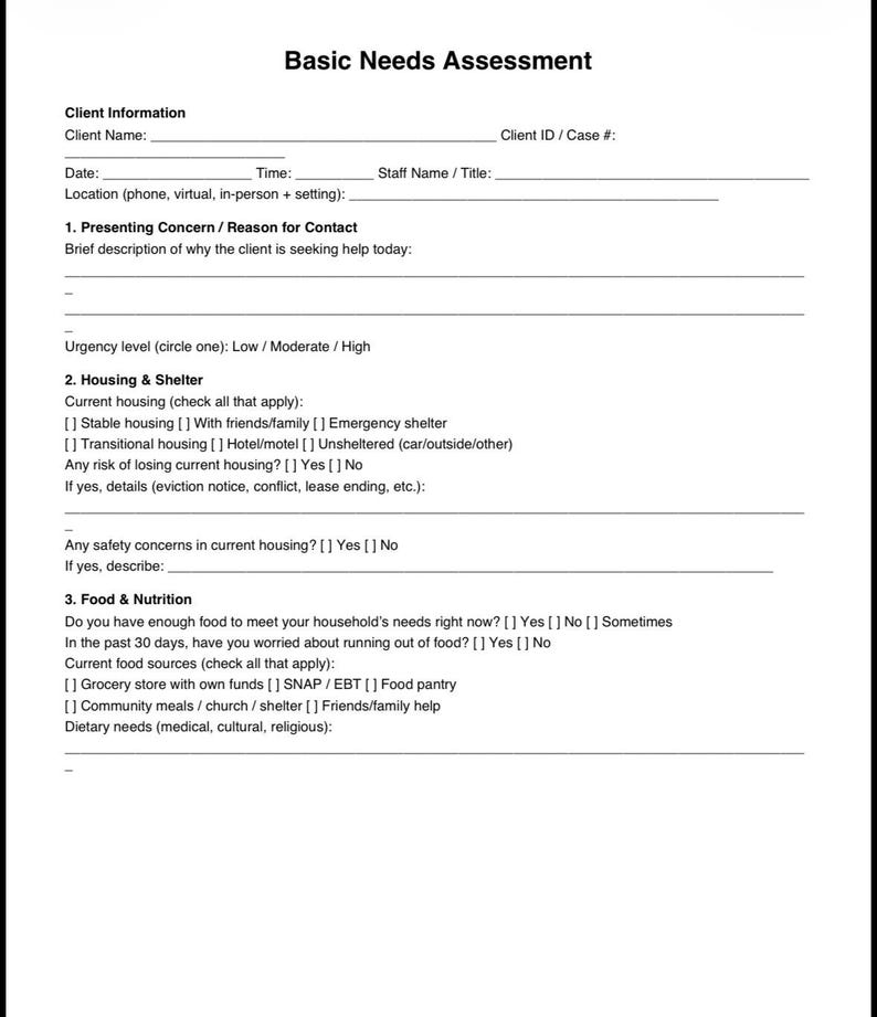 Basic Needs Assessment Form | Client Intake Social Work Case Management ...