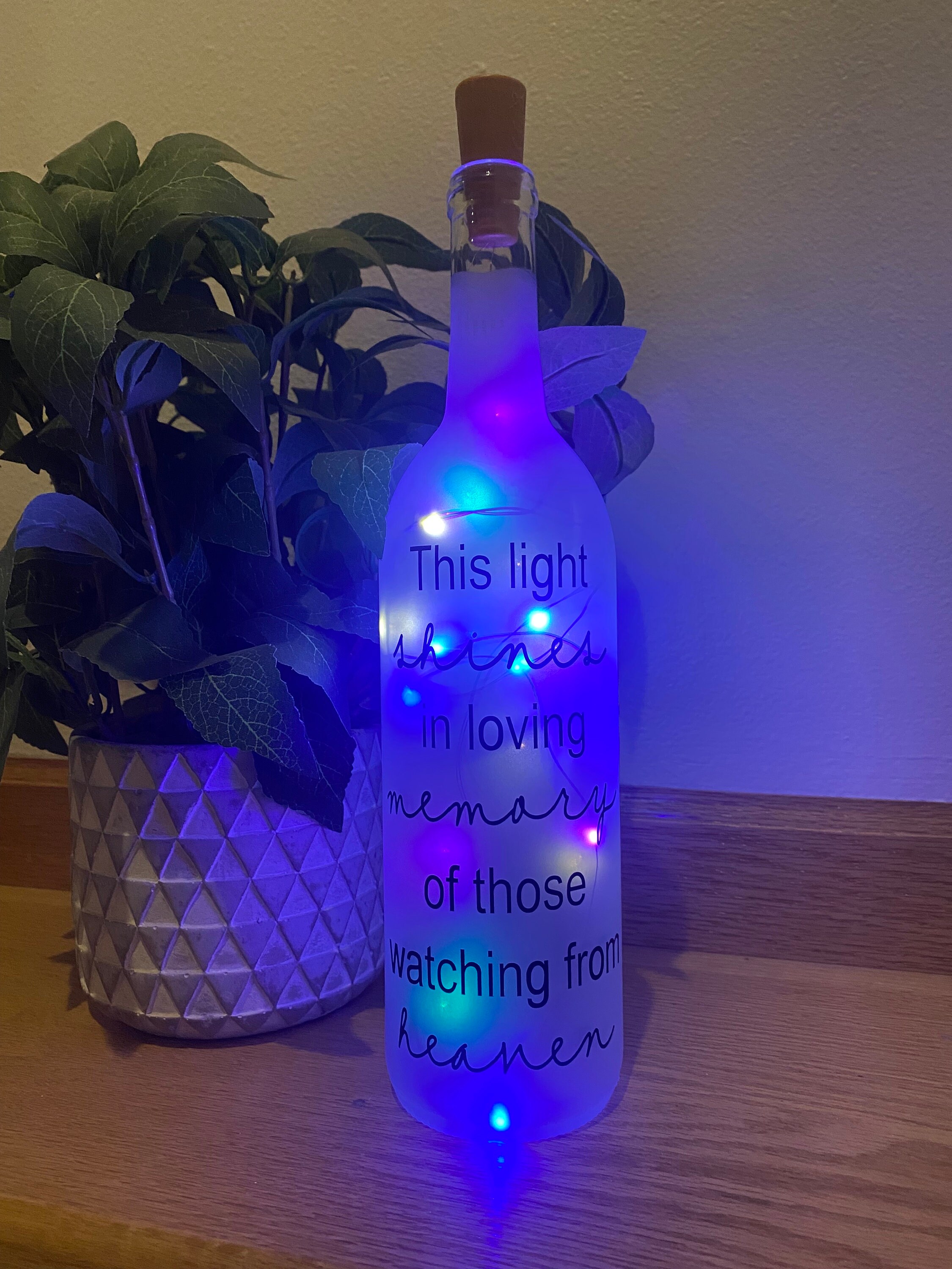 This light shines in loving memory of those watching from heaven. Lighted wine bottle, wedding memorial, In memory of, wedding tribute - Thumbnail 4