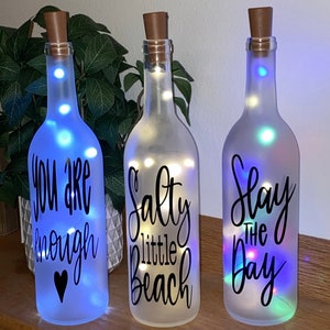 Light up wine Bottle Decor;frosted,clear,blue,green, black;Decorative wine bottles;housewarming gift;home decor;birthday gift;wedding gift