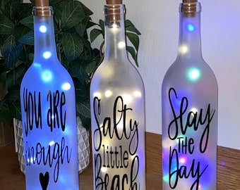 Light up wine Bottle Decor;frosted,clear,blue,green, black;Decorative wine bottles;housewarming gift;home decor;birthday gift;wedding gift