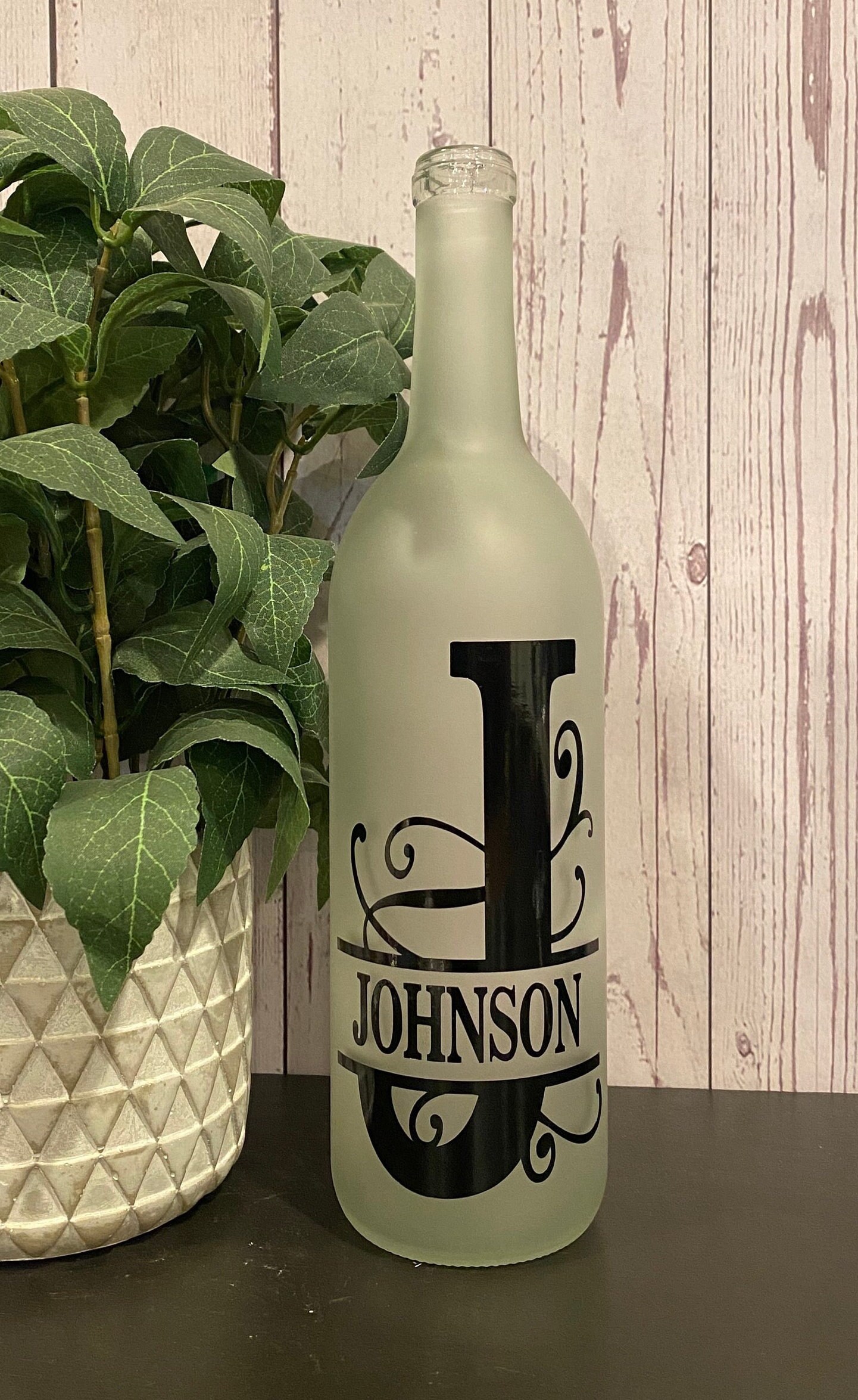 Last name / initial monogram. Lighted wine bottle, teacher gift, friend gift, wedding gift, bridal shower gift