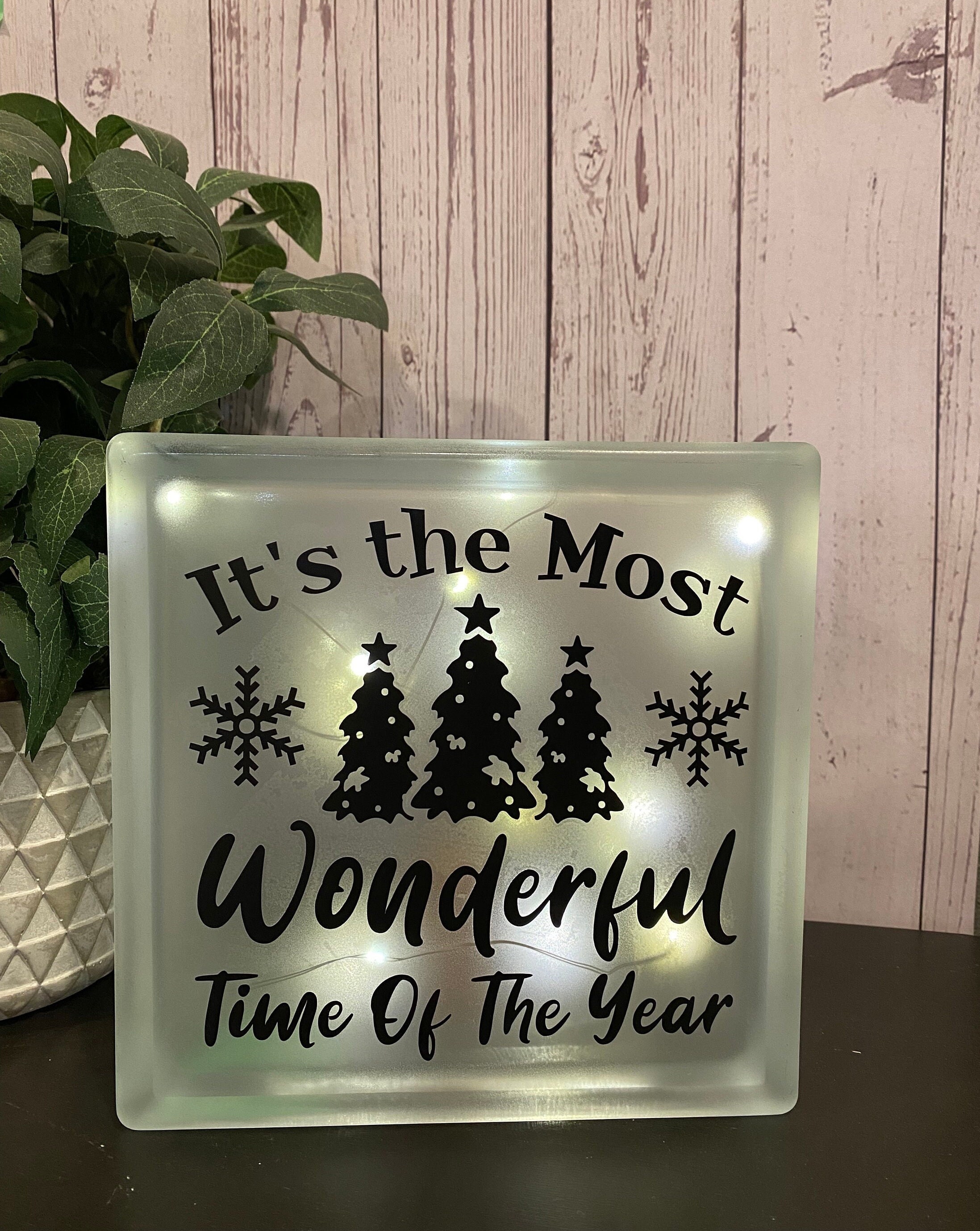 Its the most wonderful time of the year lighted frosted glass Block; Lighted glass block, Christmas gift, holiday decor, holiday gift