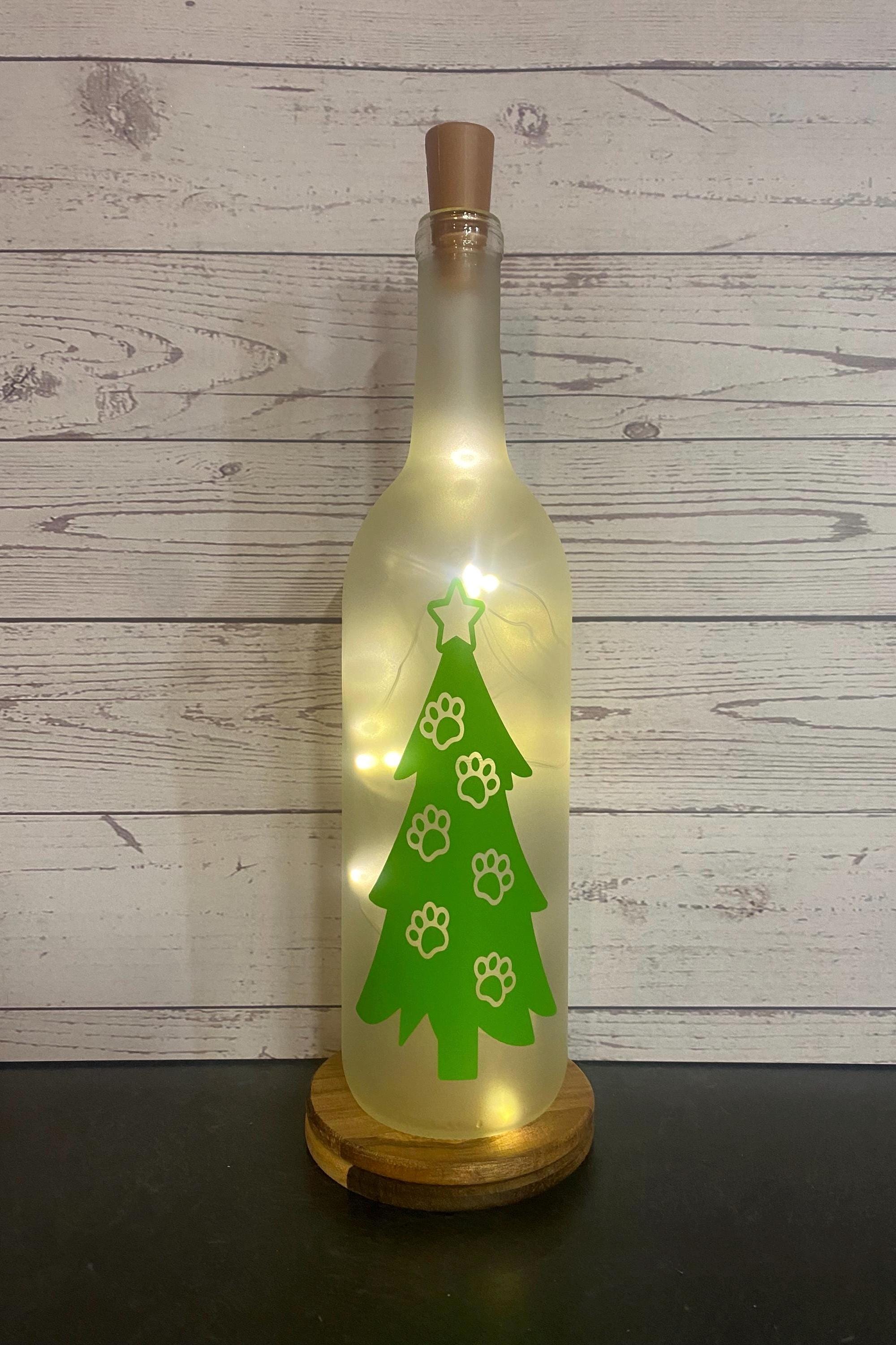Paw print Christmas tree, Lighted wine bottle home decor, friend gift, teacher gift, animal lover gift ,christmas gift