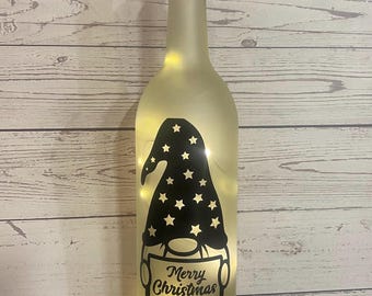 Merry Christmas gnome Lighted wine bottle, decorative wine bottle, teacher gift ,christmas gift, Christmas decor