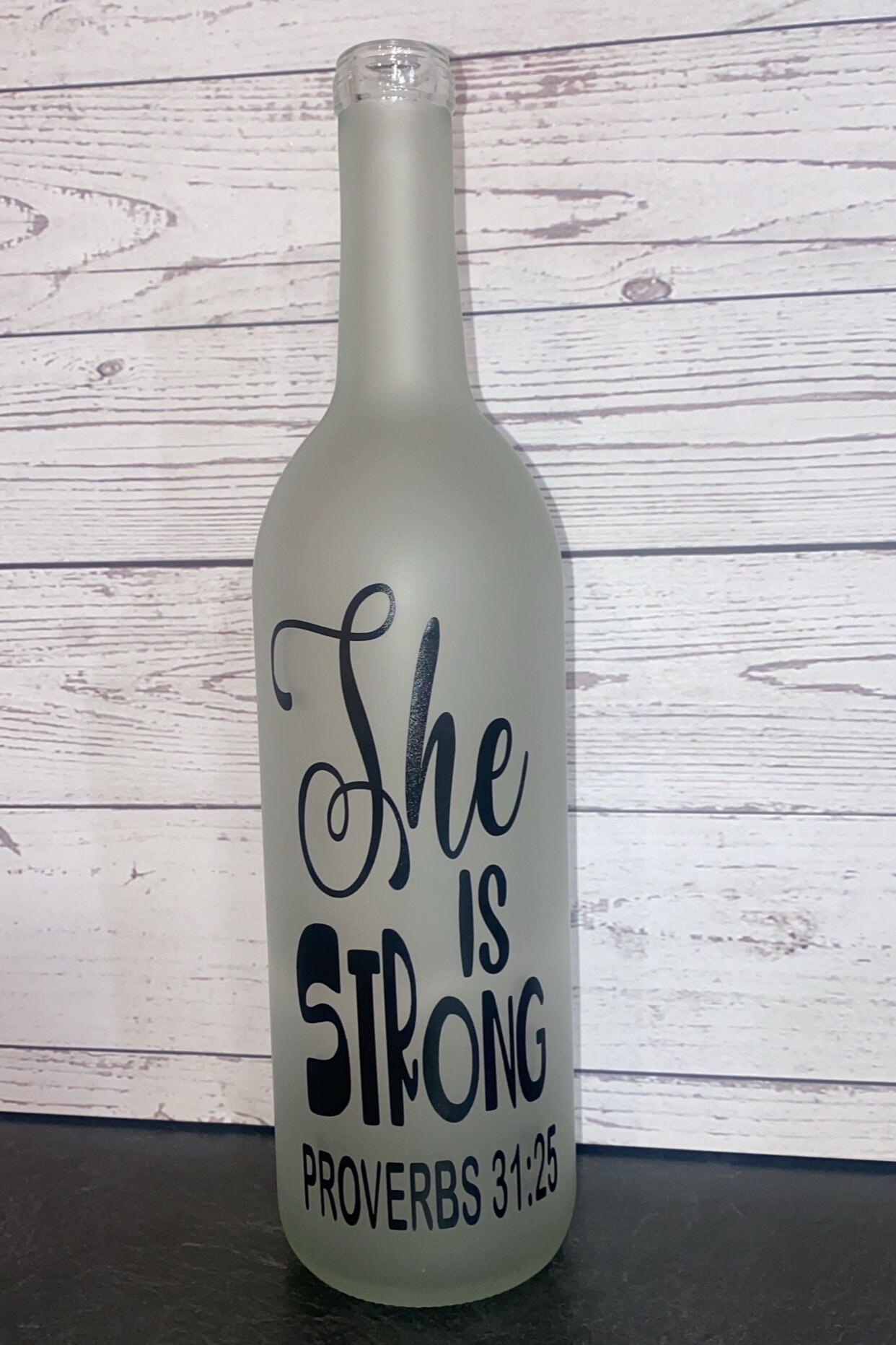 She is strong Proverb 31:25 lighted wine bottle, wine bottle decor, Mother’s Day gift, best mom ever, #1 mom, world's greatest mom, mom gift