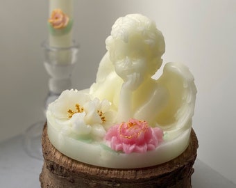 Unique Beeswax Angel Statue Candle Set, Cherub Art with Flowers & Small Rose Taper, Shabby Decor, Gift of Love, Valentine Cupid, In Memory