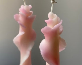Set of 2 Bicolor Pink White Rose Taper Candles, Chic Artistic Floral Decor, Unique Sculptural Romantic Shabby Flower Natural Beeswax Candle