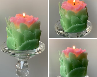 Beeswax Leaf Pillar Candle with Peony Flower, Botanical Garden Theme Decor, Unique Sculptural Candles, Garden Lover Housewarming Gift