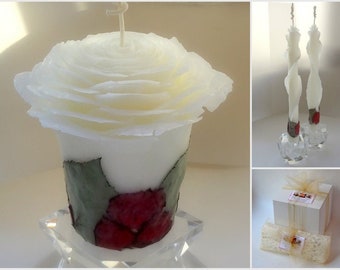 Floral Unity Candle Set, Romantic Fairytale Theme, Regency Decor, Summer Wedding, Unique Sculpted Candles Adorned with Rose Petals & Leaves