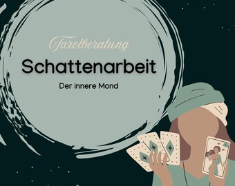 May include: A tarot card reading illustration with a person holding cards and a sign that says "Tarotberatung Schattenarbeit Der innere Mond".