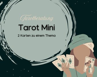 Könnte beinhalten: Ein Tarotkarten-Lesedienst namens "Tarot Mini" wird angeboten, der eine Frau zeigt, die zwei Tarotkarten hält. Der Text lautet "Tarotberatung Tarot Mini 2 Karten zu einem Thema".