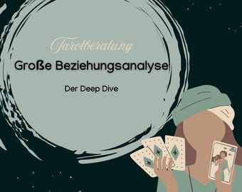May include: An illustration featuring a person holding tarot cards, with the text "Tarotberatung Große Beziehungsanalyse Der Deep Dive" in a circular design. The background is dark teal with white stars.
