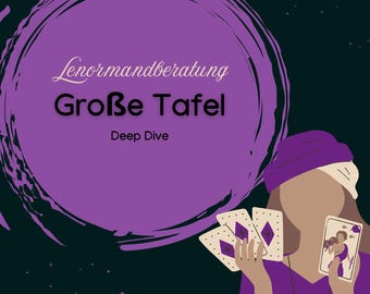 Puede incluir: Una ilustración morada y blanca de una adivina sosteniendo cartas de tarot. El texto "Lenormandberatung Große Tafel Deep Dive" está en el fondo.