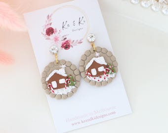 Gingerbread Snow House Polymer Clay Earrings: Handmade Holiday Christmas Jewelry for Women