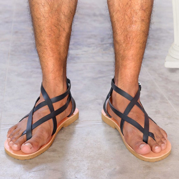 Strappy Men Gladiator Leather Sandals, Second Toe Ring Men Sandal , Greek Handmade Leather Sandals - Universe M