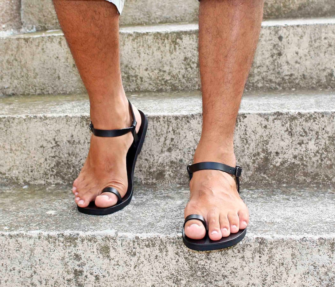 Barefoot Men Leather Sandals, Ankle Strap Greek Leather Sandal, Toe ...