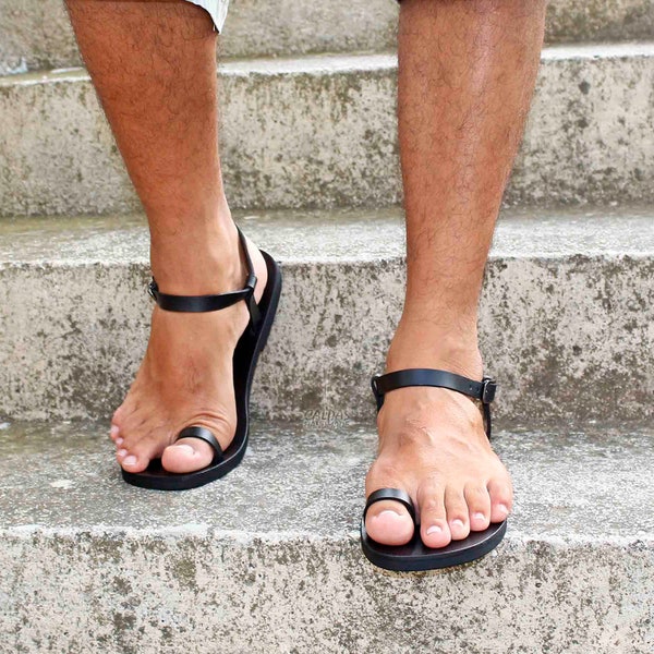 Barefoot men leather sandals, ankle strap Greek leather sandal, toe ring men sandals - Dream M
