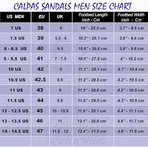 May include: A size chart for men's sandals, showing US, EU, and UK sizes, along with footbed length and width measurements in inches and centimeters.