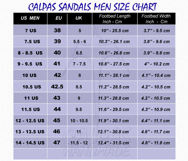 May include: A size chart for men's sandals, showing US, EU, and UK sizes, along with footbed length and width measurements in inches and centimeters.