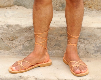 Barefoot men leather lace up sandals, Greek men sandals, gay minimalist handmade leather strappy sandals - Cherr M