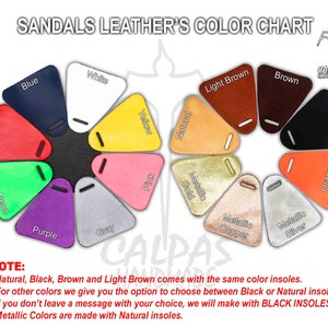 May include: Color chart for sandals made of leather. The chart shows 14 different colors of leather, including blue, white, light brown, brown, red, green neon, purple, gray, yellow, pink, natural, metallic gold, metallic copper, metallic silver, black, and orange neon.