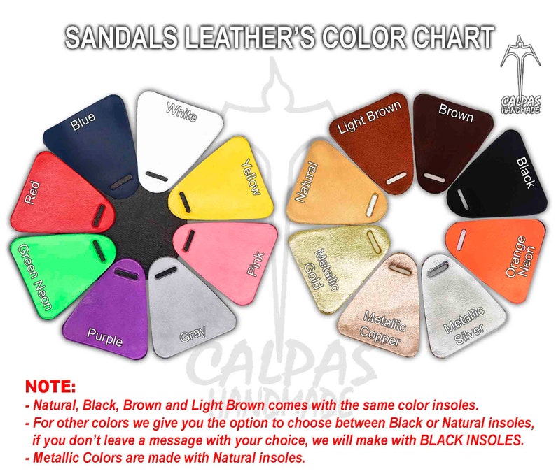 May include: Color chart for sandals made of leather. The chart shows 14 different colors of leather, including blue, white, light brown, brown, red, green neon, purple, gray, yellow, pink, natural, metallic gold, metallic copper, metallic silver, black, and orange neon.