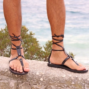 Minimalist barefoot men sandals, rivet sandals with O ring, lace up gay sandals  - Sapphire M